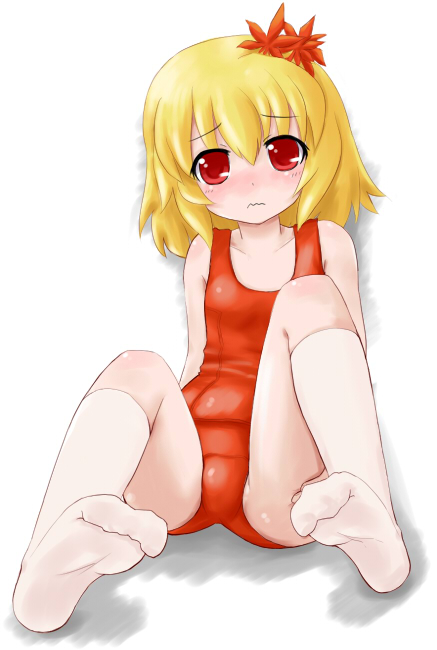 aki_shizuha alternate_color_school_swimsuit blonde_hair blush hair_ornament kneehighs leaf_hair_ornament mokuyou one-piece_swimsuit red_swimsuit school_swimsuit sitting socks solo swimsuit touhou white_legwear