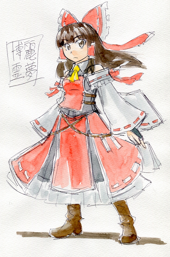 adapted_costume alternate_costume ascot bow brown_hair detached_sleeves hair_bow hair_tubes hakurei_reimu kawachi_koorogi long_hair marker_(medium) ofuda red_eyes ribbon solo touhou traditional_media wide_sleeves