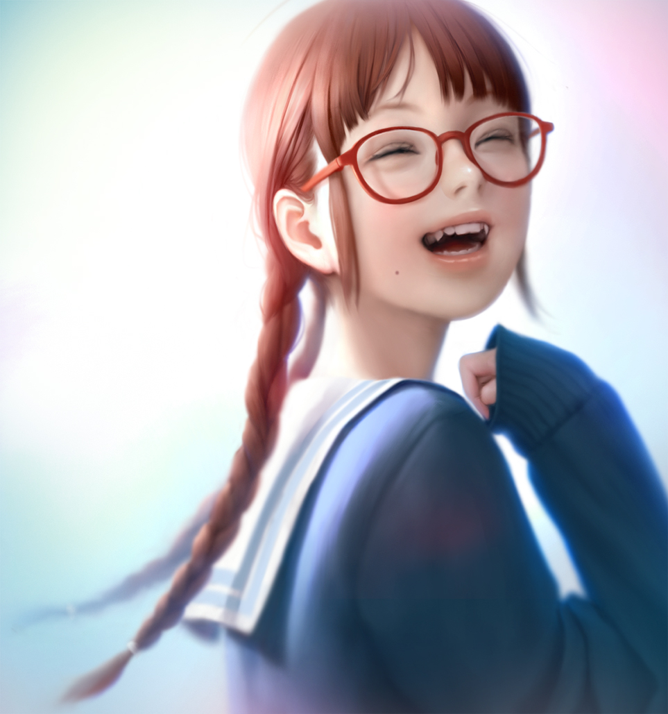 :d ^_^ blurry braid brown_hair child closed_eyes depth_of_field glasses happy laughing lips long_hair mole mole_under_mouth mujiha open_mouth original realistic red-framed_eyewear school_uniform sleeves_past_wrists smile solo twin_braids