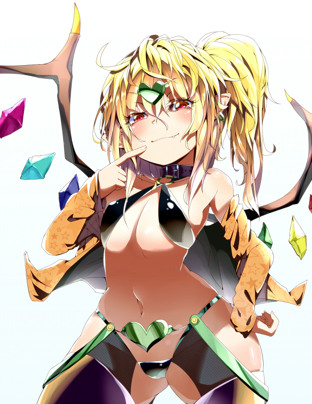 bikini black_bikini black_legwear blonde_hair collar cosplay dio_brando dio_brando_(cosplay) fang flandre_scarlet hand_on_hip jacket jojo_no_kimyou_na_bouken long_sleeves midriff navel off_shoulder open_clothes open_jacket pointing pointing_at_self pointy_ears red_eyes revealing_clothes sakurai_energy side_ponytail simple_background smirk solo star swimsuit thighhighs tiara touhou white_background wings