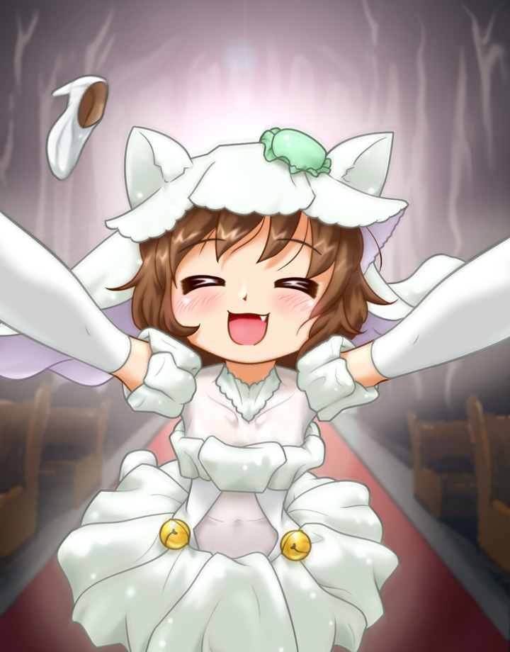 alternate_costume backlighting bell blush bride brown_hair carpet chen closed_eyes dress elbow_gloves facing_viewer fang gloves hat hat_with_ears incoming_hug interior jingle_bell mob_cap open_mouth outstretched_arms shoes_removed short_hair short_sleeves solo spread_arms touhou touryuu_fuuki wedding_dress