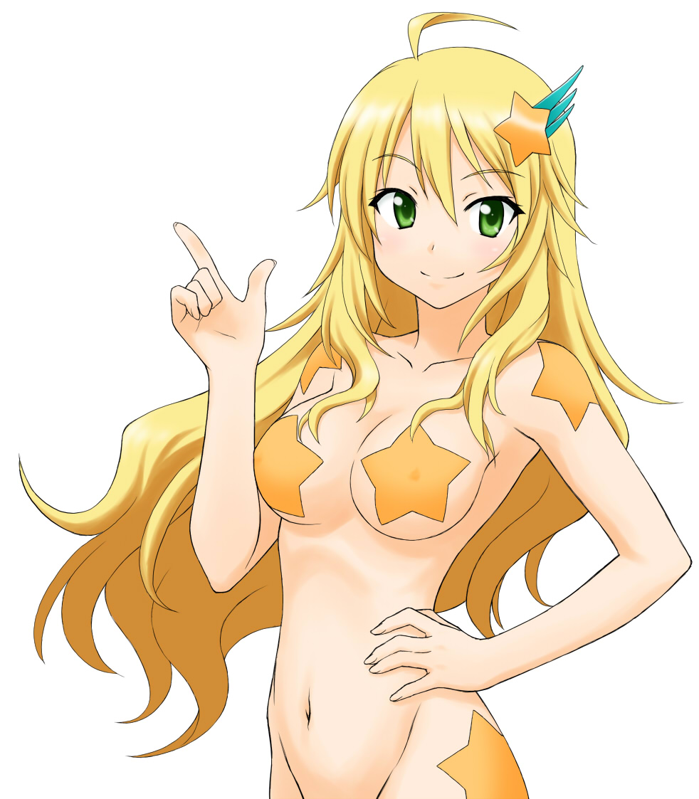 blonde_hair green_eyes hair_ornament hoshii_miki idolmaster idolmaster_(classic) long_hair navel pasties peter_(gvb) pointing smile solo star star_hair_ornament