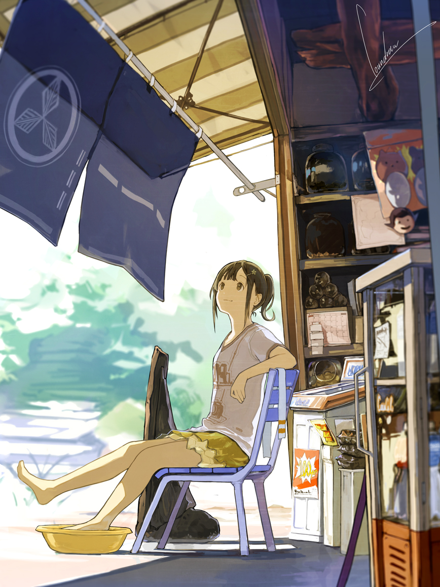 arm_support artist_name awning barefoot basin black_eyes black_hair blurry chair day depth_of_field hair_ornament hairclip light_smile looking_up loundraw original outdoors ponytail shirt shop short_hair sidelocks signature sitting soaking_feet solo t-shirt