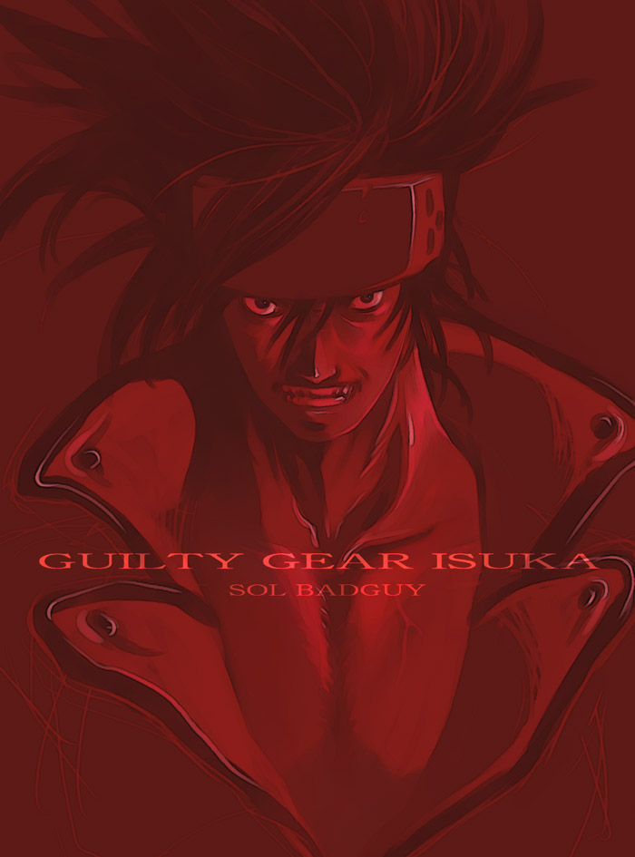 character_name copyright_name face forehead_protector g-room_honten guilty_gear headband male_focus monochrome red sol_badguy solo spiked_hair