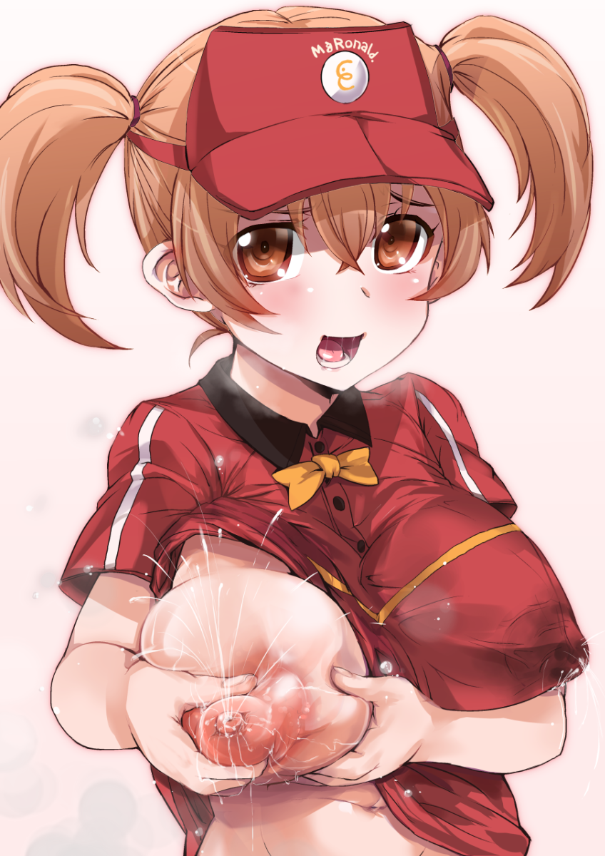 bad_id bad_pixiv_id blush breast_hold breast_squeeze breasts brown_eyes brown_hair employee_uniform fast_food_uniform hataraku_maou-sama! highres lactation lactation_through_clothes large_breasts looking_at_viewer nipples open_mouth sasaki_chiho short_hair silly_(marinkomoe) smile solo twintails uniform upper_body visor_cap