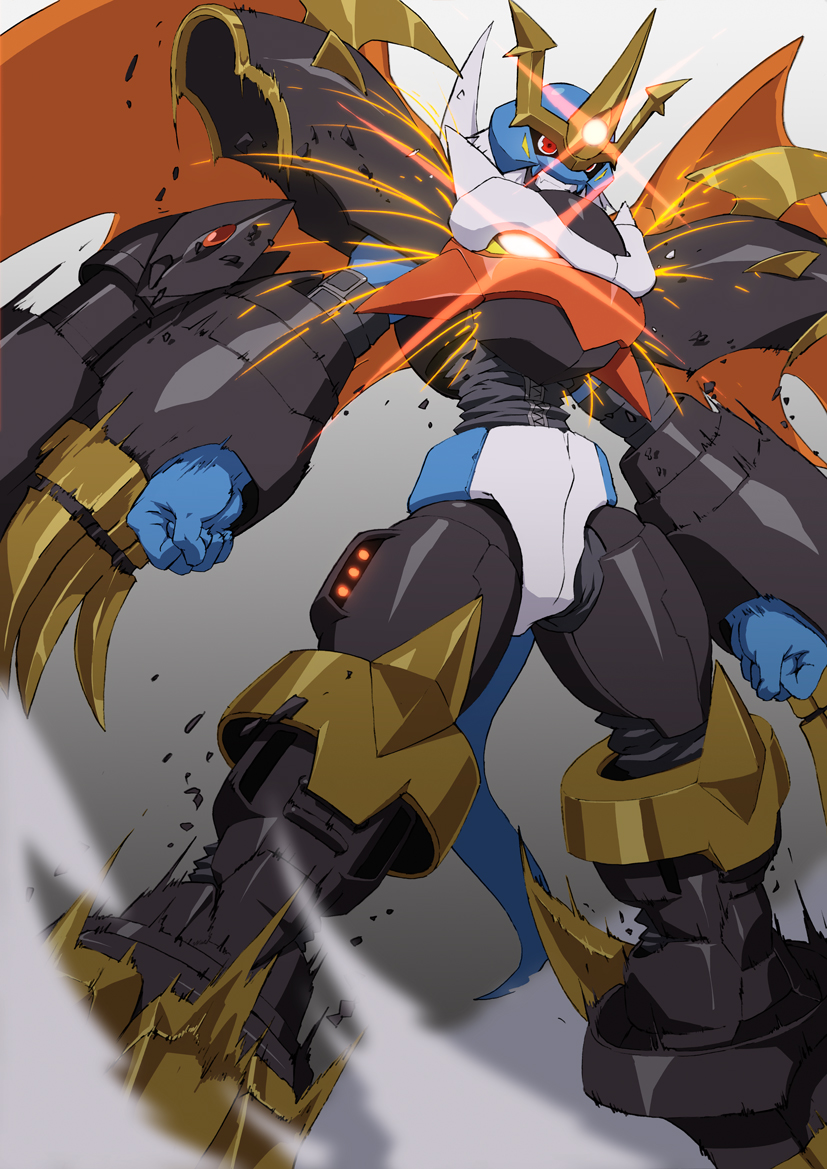 buckle cannon claws digimon digimon_adventure_02 glowing glowing_eyes horns imperialdramon_fighter_mode kazkazkaz monster no_humans red_eyes shoulder_pads solo sparks spikes tail white_hair wings