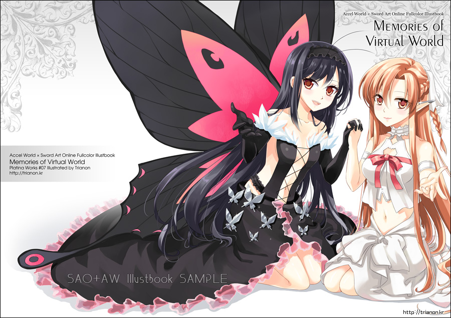 accel_world asuna_(sao) black_hair brown_eyes brown_hair butterfly_wings creator_connection crossover ear_covers elbow_gloves elf gloves kuroyukihime long_hair multiple_girls navel pointy_ears red_eyes sword_art_online titania_(sao) trianon wings