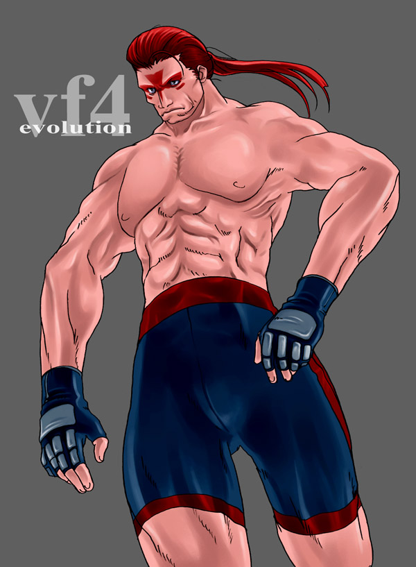 abs blue_eyes facial_tattoo fingerless_gloves g-room_honten gloves male_focus muscle ponytail red_hair shirtless shorts simple_background solo tattoo virtua_fighter wolf_hawkfield