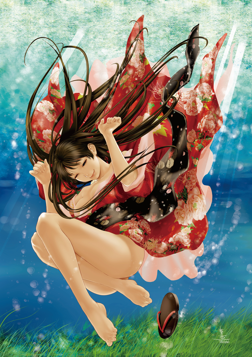 barefoot breasts brown_hair cleavage highres japanese_clothes kimono large_breasts legs long_hair original sandals shoes_removed solo touzai underwater water wet wet_clothes