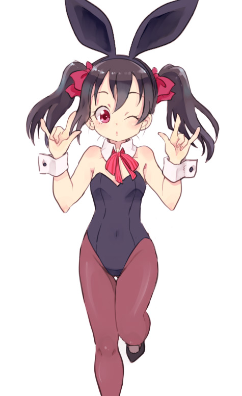 ;o \m/ animal_ears black_hair blush bow bunny_ears bunnysuit detached_collar hair_bow long_hair love_live! love_live!_school_idol_project one_eye_closed oota pantyhose red_eyes ribbon simple_background standing standing_on_one_leg twintails white_background wrist_cuffs yazawa_nico
