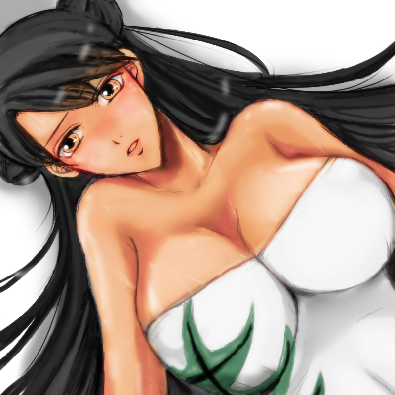 bad_id bad_pixiv_id bare_shoulders black_hair blush breasts brown_eyes cleavage double_bun dress large_breasts limonene long_hair pai_chan solo strapless strapless_dress virtua_fighter