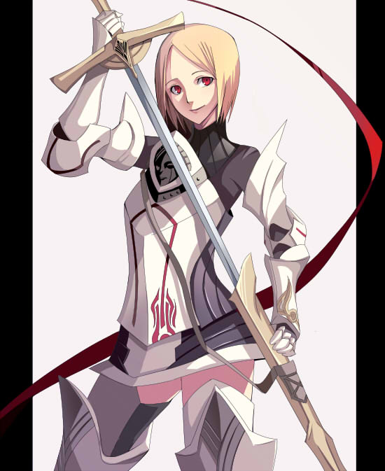 armor blonde_hair keemu_(occhoko-cho) original scabbard sheath short_hair smile solo sword unsheathing weapon