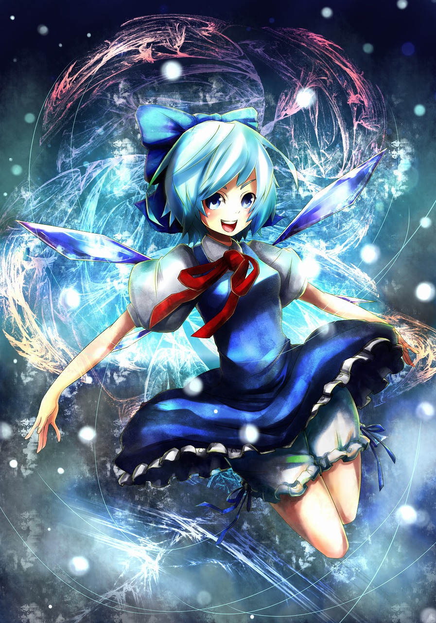 bad_id bad_pixiv_id bloomers blue_eyes blue_hair bow cirno dress flying gradient gradient_background hair_bow highres legs_up light_trail looking_at_viewer okakingyo open_mouth outstretched_arms puffy_short_sleeves puffy_sleeves ribbon short_hair short_sleeves solo spread_arms touhou underwear wind wind_lift wings