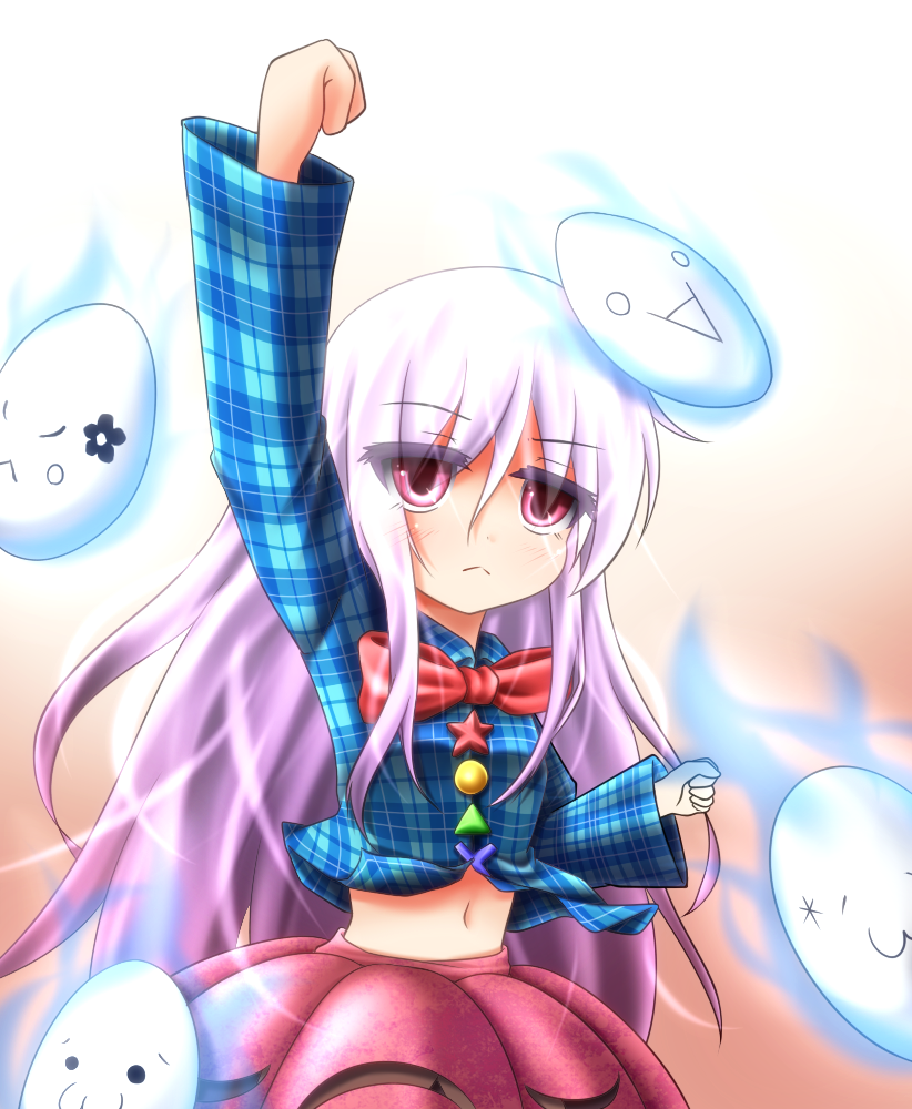 arm_up bow bubble_skirt clenched_hands emoticon evandragon expressionless hata_no_kokoro long_hair long_sleeves mask midriff navel pink_eyes plaid plaid_shirt purple_hair raised_fist shirt skirt solo star touhou triangle