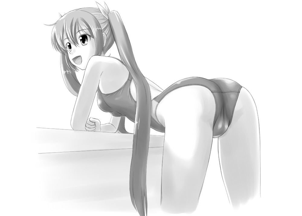 :d arm_support ass bent_over competition_swimsuit greyscale hatsune_miku long_hair monochrome one-piece_swimsuit open_mouth smile solo swimsuit tk4 twintails very_long_hair vocaloid