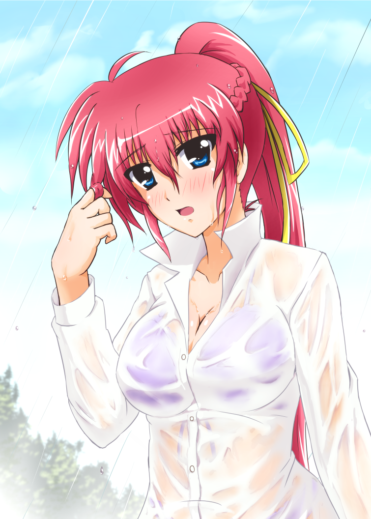 blue_eyes blush breasts cleavage diesel-turbo large_breasts long_hair lyrical_nanoha mahou_shoujo_lyrical_nanoha mahou_shoujo_lyrical_nanoha_a's pink_hair ponytail see-through shirt signum solo underwear wet wet_clothes wet_shirt
