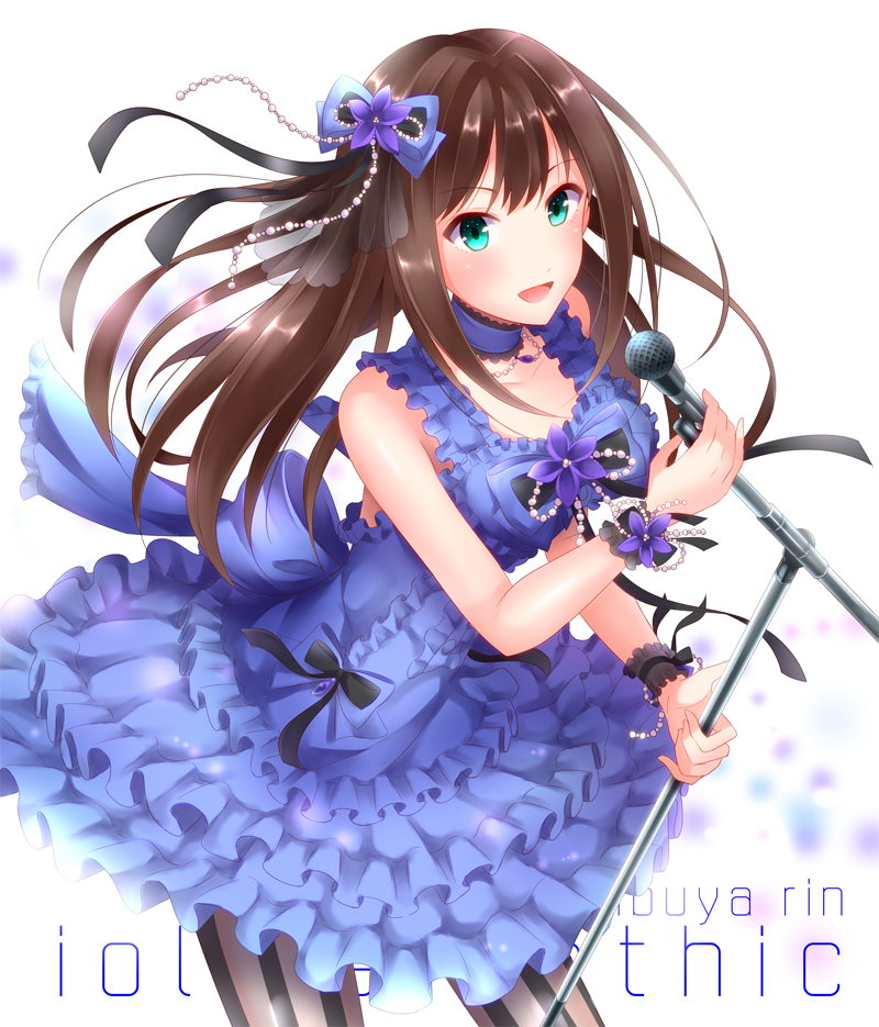 aireenhp black_gothic_dress_(idolmaster) bow brown_hair character_name choker collarbone flower frills green_eyes hair_bow hair_ornament idolmaster idolmaster_cinderella_girls long_hair microphone open_mouth pantyhose shibuya_rin sleeveless solo striped striped_legwear too_many too_many_frills vertical-striped_legwear vertical_stripes white_background wrist_cuffs