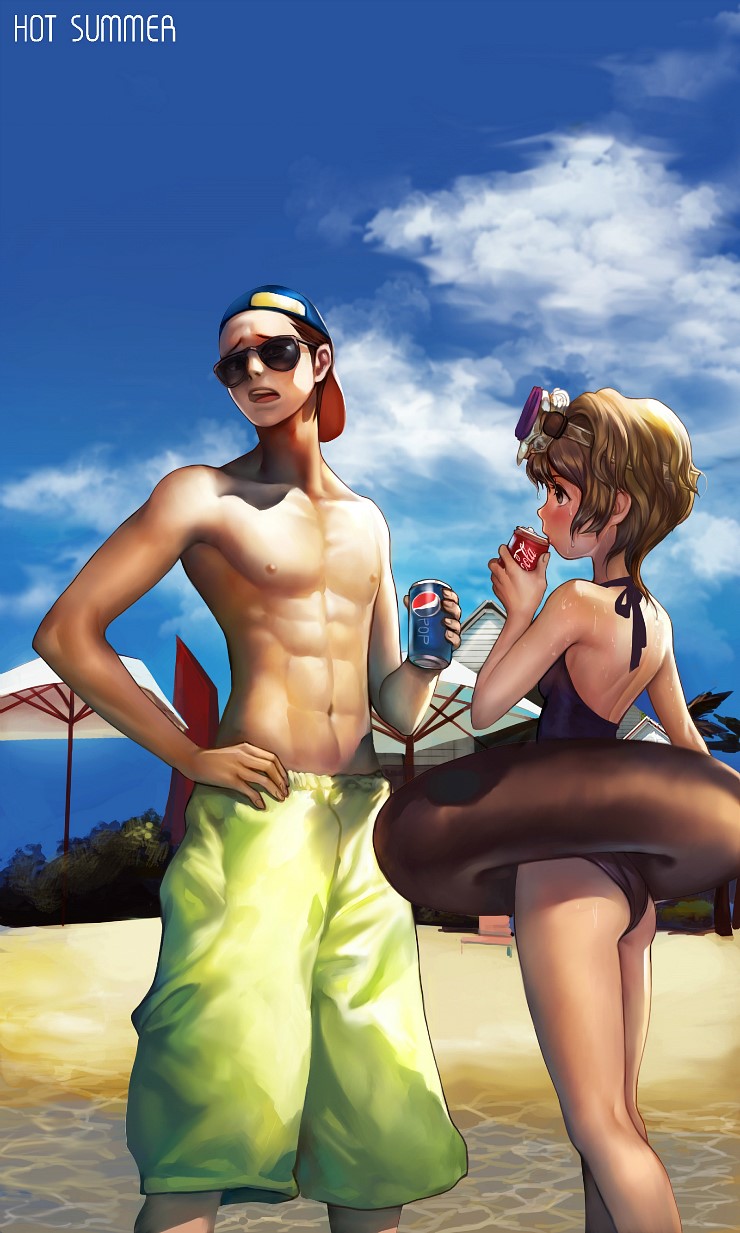 1girl abs backwards_hat baseball_cap beach blonde_hair coca-cola copyright_request day english gd_choco goggles hat highres pepsi short_hair soda sunglasses swimsuit