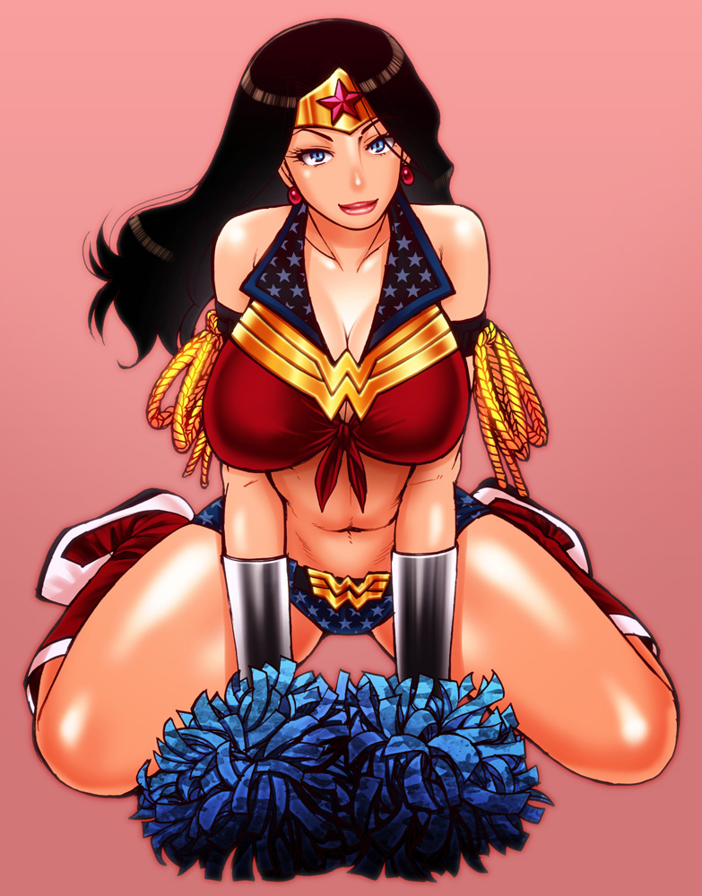 bare_shoulders black_hair blue_eyes boots breasts cheerleader chiba_toshirou cleavage dc_comics earrings front-tie_top full_body jewelry large_breasts lips long_hair midriff navel pink_background pom_poms raised_eyebrow sitting smile solo star thighs wariza wonder_woman wonder_woman_(series)