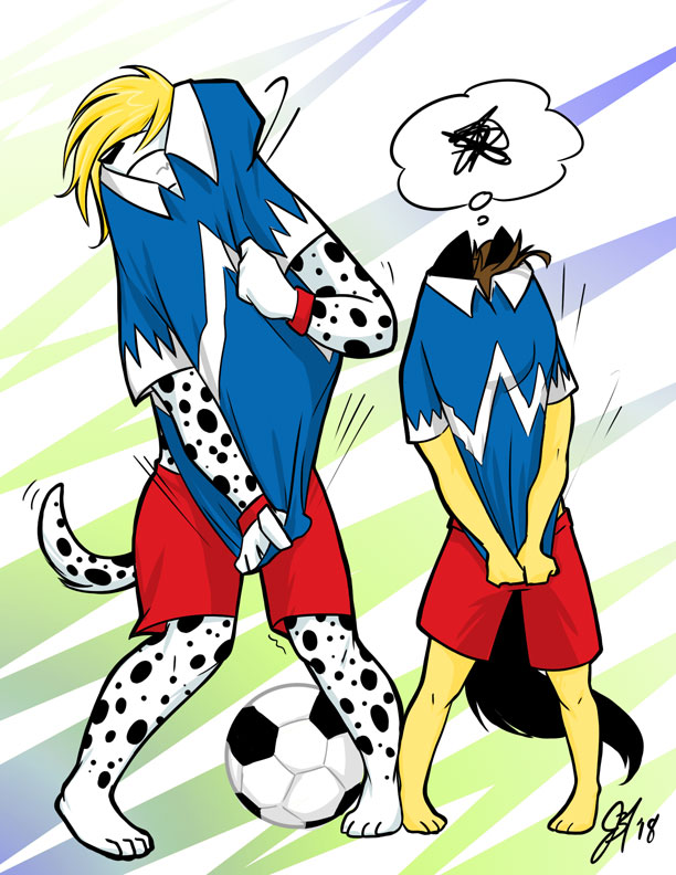 2018 ambiguous_gender anthro ball blonde_hair brown_hair canine cat clothed clothing dalmatian dog duo feline fur hair j3t lang_lang_(character) male mammal soccer_ball spots spotted_fur yellow_fur