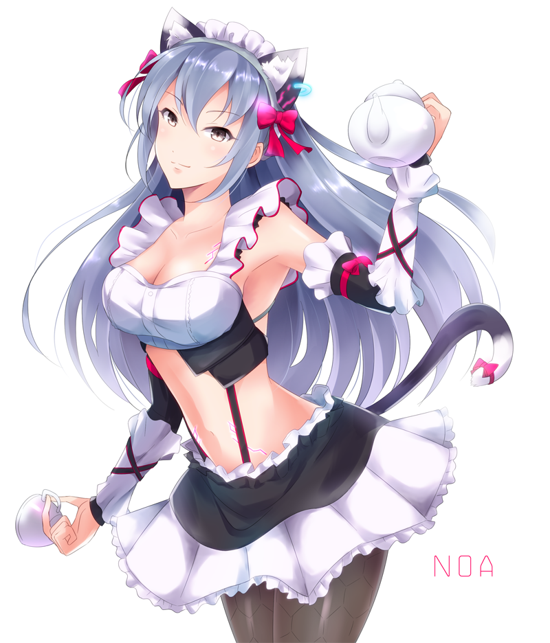aireenhp animal_ears armpits cat_ears cat_tail character_name collarbone cup earrings idolmaster idolmaster_cinderella_girls jewelry long_hair maid maid_headdress navel silver_eyes silver_hair sleeveless smile solo tail takamine_noa very_long_hair white_background