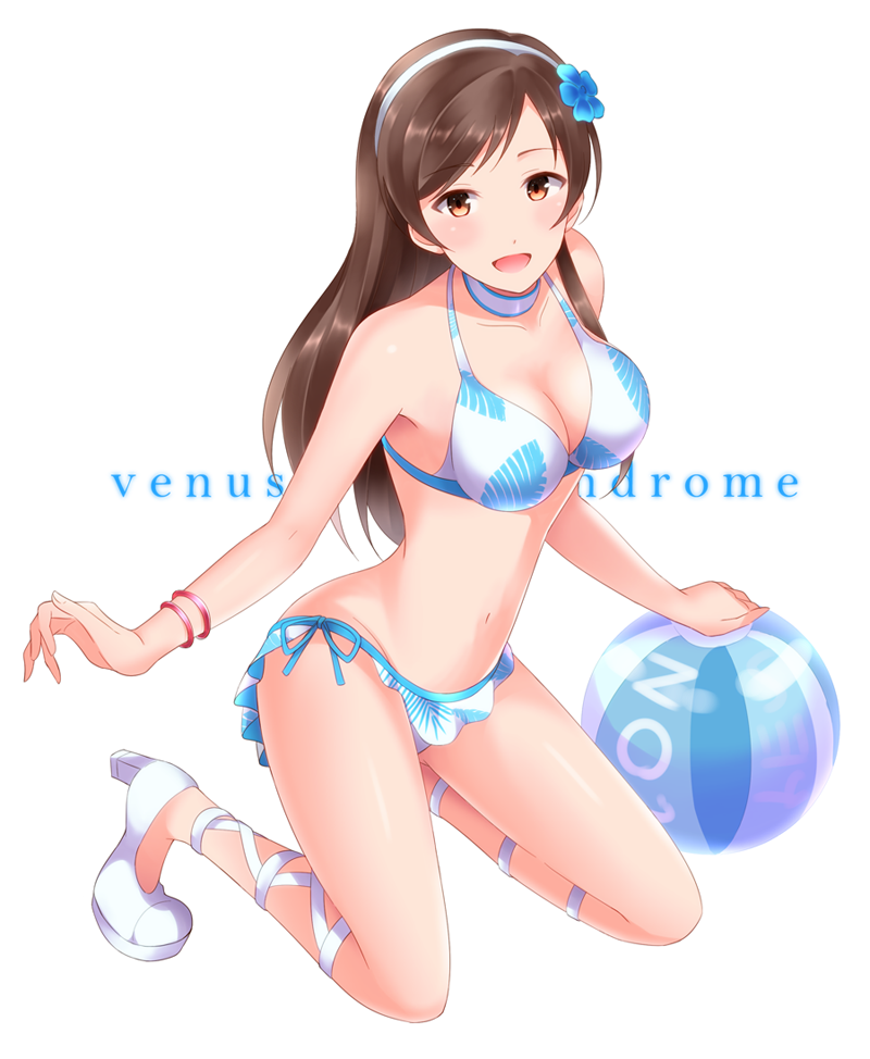 aireenhp ball blush bracelet breasts brown_hair choker cleavage collarbone flower groin hair_ornament hairband idolmaster idolmaster_cinderella_girls jewelry long_hair medium_breasts navel nitta_minami open_mouth solo swimsuit venus_syndrome white_background yellow_eyes
