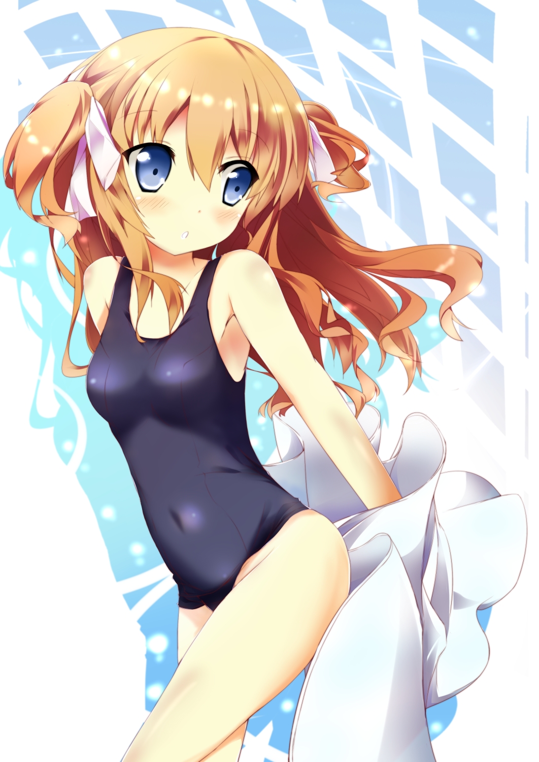 blue_eyes brown_hair fuuna highres long_hair one-piece_swimsuit original school_swimsuit solo swimsuit two_side_up
