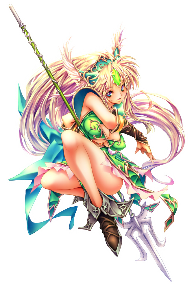 1girl armor blonde_hair blue_eyes breasts bridal_gauntlets cleavage cleavage_cutout forehead_jewel helmet large_breasts long_hair open_mouth polearm riesz seiken_densetsu seiken_densetsu_3 simple_background skirt solo spear very_long_hair weapon white_background winged_helmet