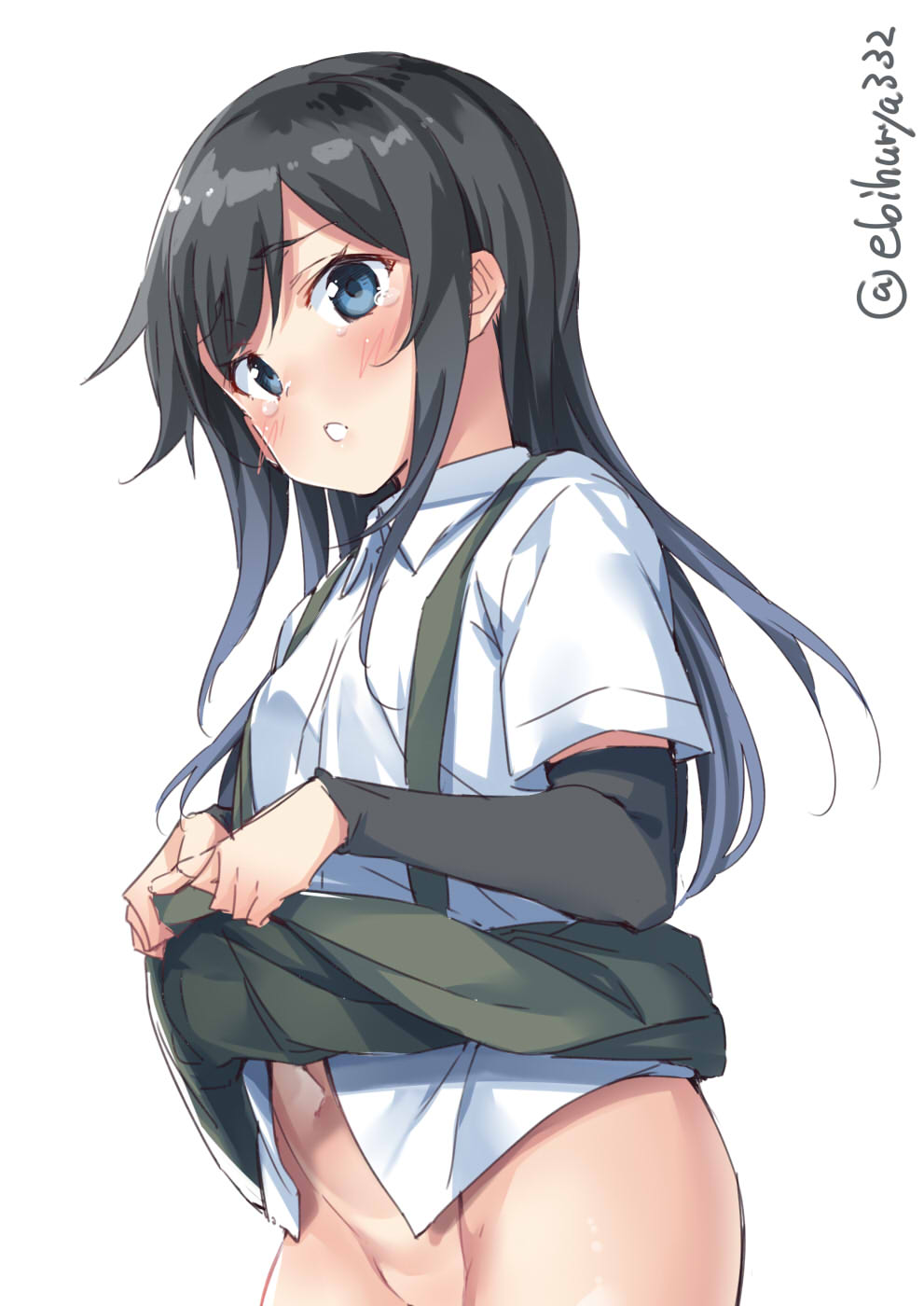 1girl arm_warmers asashio_(kantai_collection) black_hair blue_eyes blush ebifurya highres kantai_collection long_hair looking_at_viewer no_panties no_pants open_mouth school_uniform shirt short_sleeves simple_background skirt solo suspenders white_background white_shirt