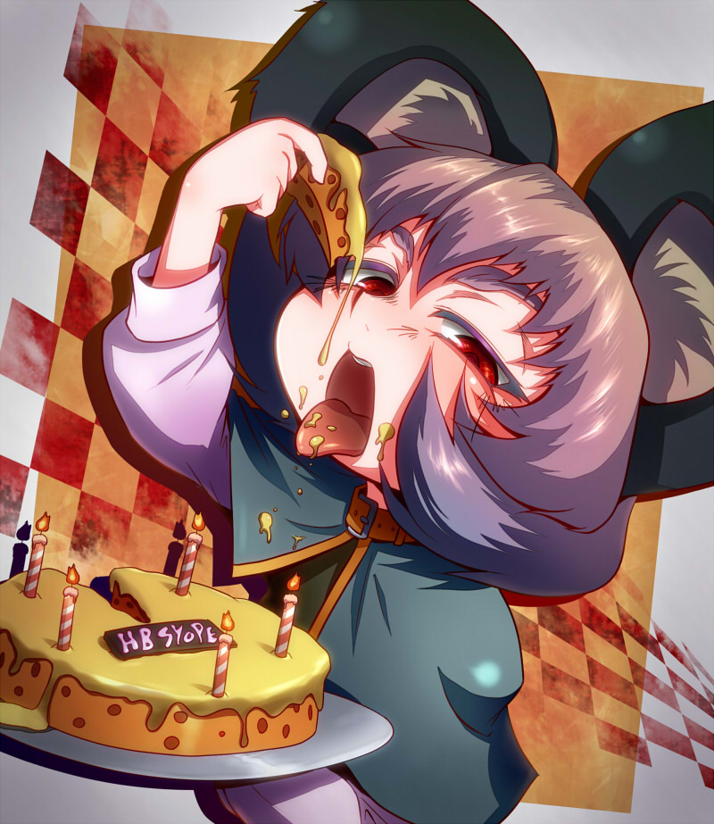animal_ears candle capelet checkered cheese eating eyebrows food food_on_face grey_hair long_sleeves mouse_ears nazrin open_mouth red_eyes short_hair solo tongue tongue_out tora_(trampjing) touhou