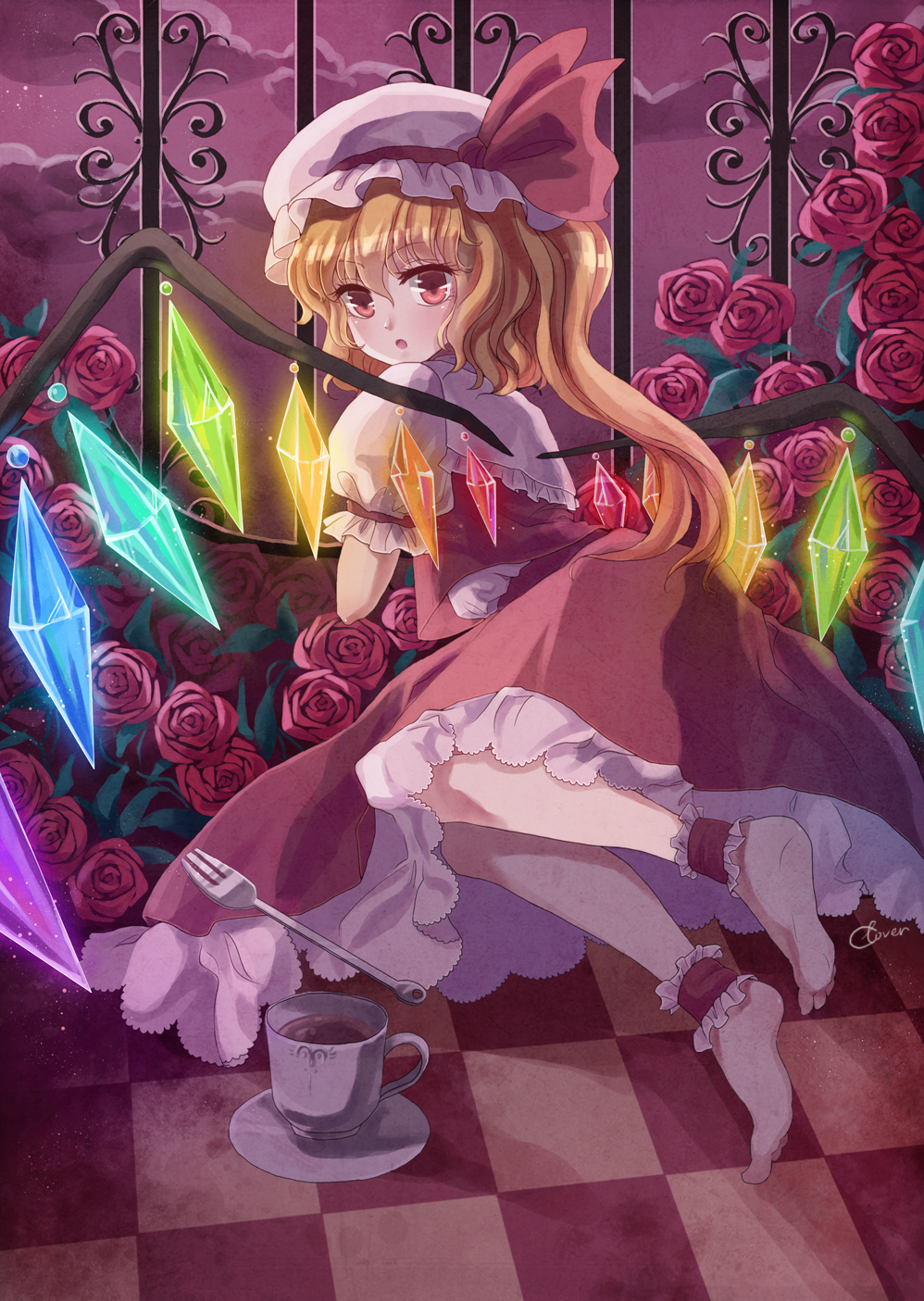 :o ankle_cuffs barefoot blonde_hair checkered checkered_floor cloud cloudy_sky cup flandre_scarlet flower fork hat hat_ribbon highres li_luo looking_back md5_mismatch night red_eyes ribbon rose short_hair side_ponytail skirt skirt_set sky solo teacup touhou wings