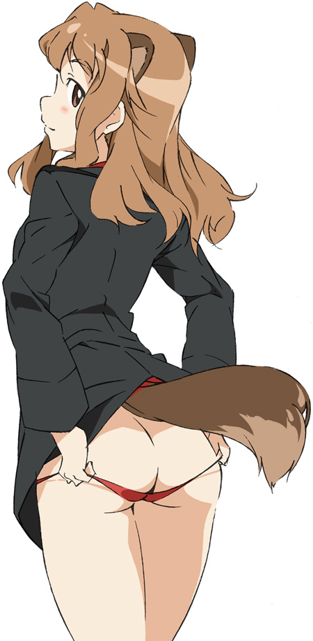 animal_ears ass blush brown_eyes brown_hair fernandia_malvezzi looking_at_viewer looking_back no_pants panties panty_pull red_panties simple_background solo strike_witches tail umanosuke underwear uniform white_background world_witches_series