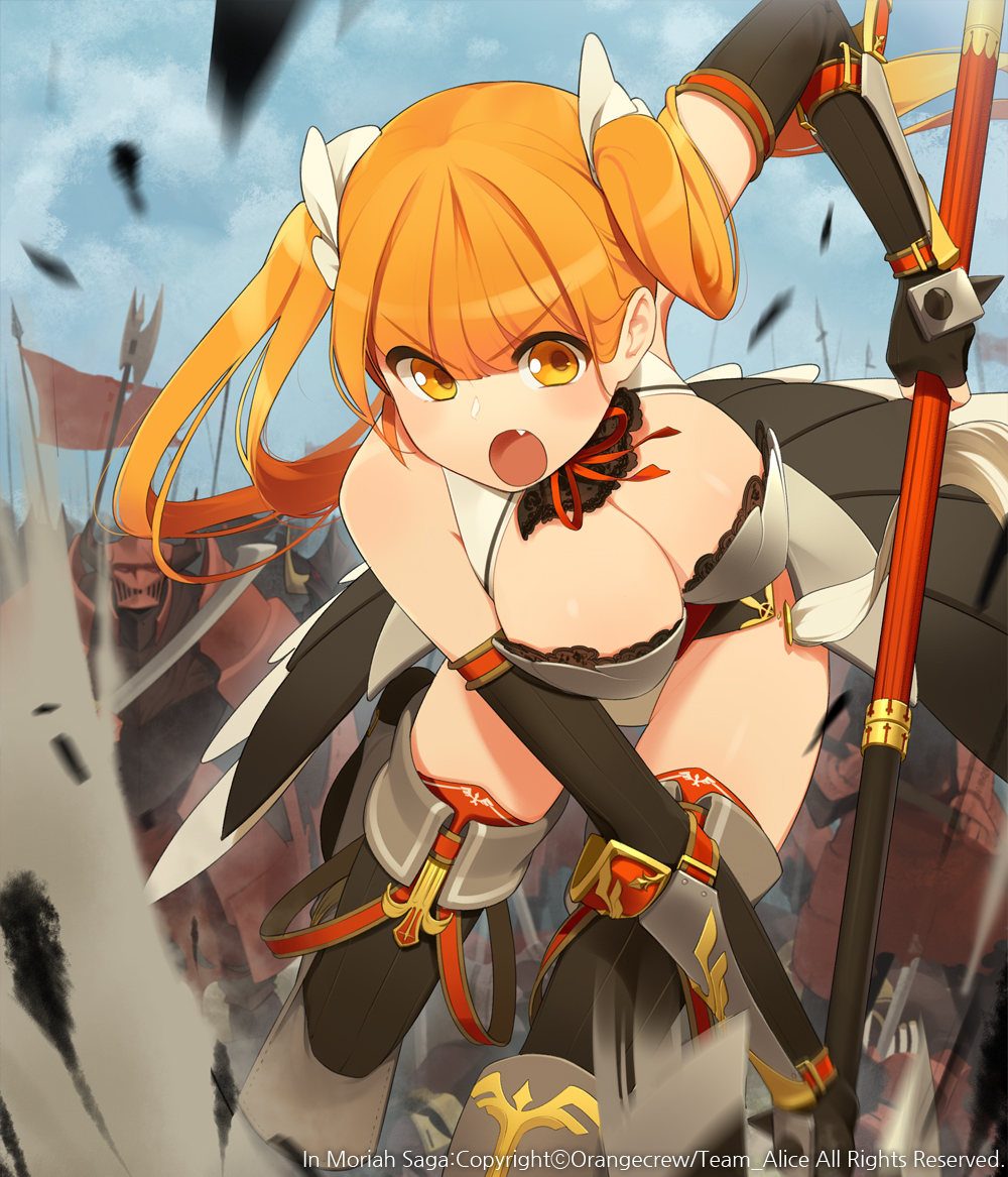 armor armored_dress blonde_hair boots breasts character_request cleavage fang faulds full_armor gauntlets greaves hair_ribbon halberd helm helmet kamo_kamen large_breasts long_hair open_mouth orange_eyes original pauldrons polearm ribbon soldier spear thigh_boots thighhighs twintails watermark weapon