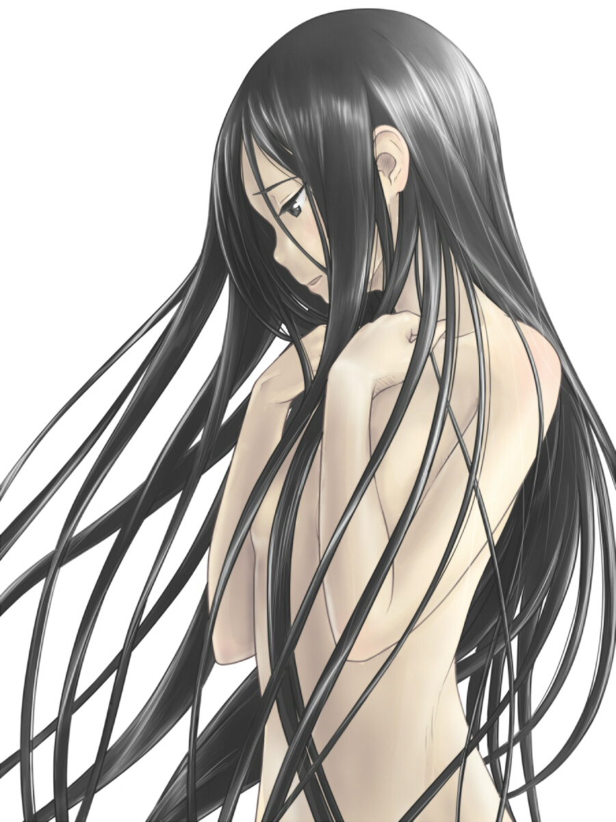 black_eyes black_hair covering covering_breasts flat_chest highres kimagure_blue long_hair navel nude nude_cover open_mouth original simple_background smile solo very_long_hair white_background