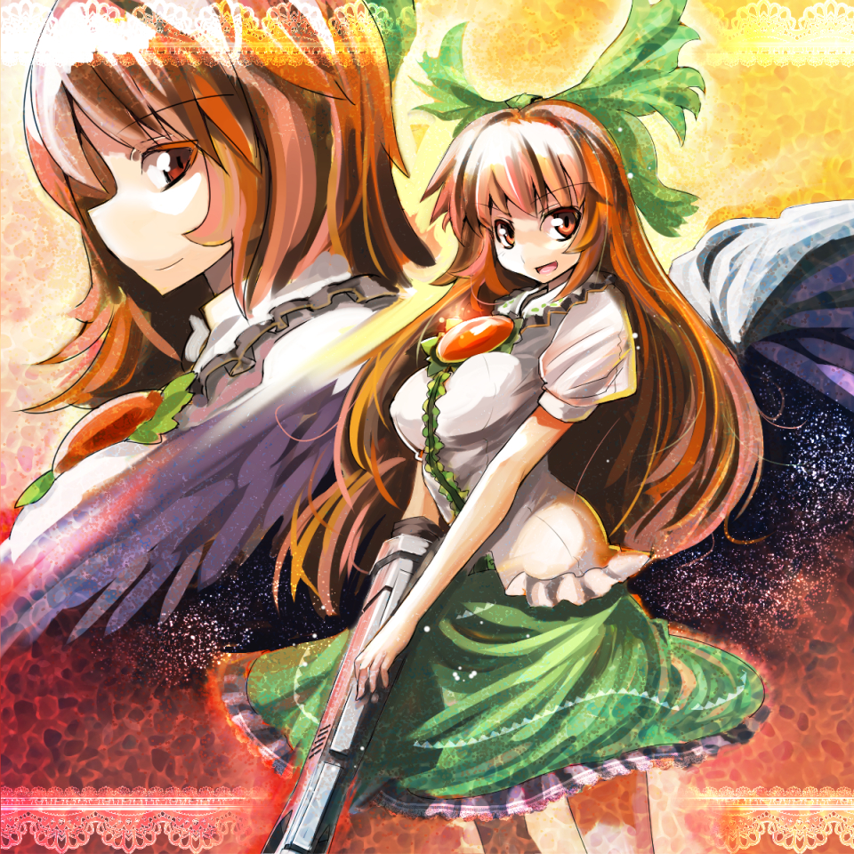 alternate_weapon bow breasts brown_hair cape hair_bow large_breasts long_hair open_mouth red_eyes reiuji_utsuho smile solo touhou umigarasu_(kitsune1963) weapon wings