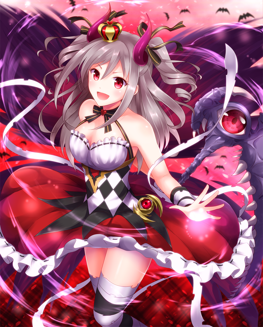 :d aireenhp bandages blush breasts checkered cleavage crown demon_horns drill_hair eyes hair_ribbon heart horns idolmaster idolmaster_cinderella_girls kanzaki_ranko long_hair medium_breasts open_mouth red_eyes ribbon scythe silver_hair smile solo thighhighs twin_drills twintails two_side_up weapon wings
