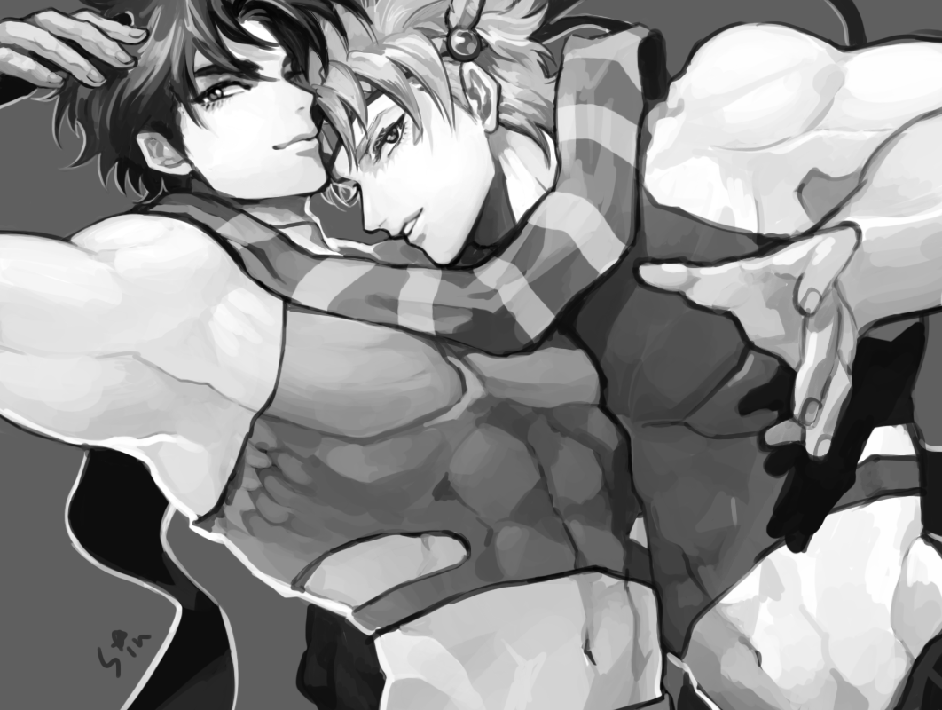 abs armpits bad_id bad_pixiv_id bare_shoulders caesar_anthonio_zeppeli crop_top facial_mark feathers greyscale hair_feathers headband jacket jojo_no_kimyou_na_bouken joseph_joestar_(young) male_focus manly midriff monochrome multiple_boys muscle scarf signature sin11111