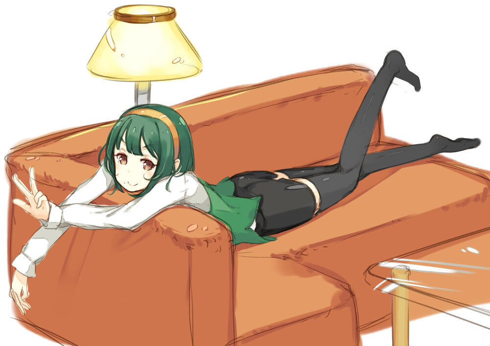 bad_id bad_twitter_id black_legwear brown_eyes couch glass glass_table green_hair hairband hanarito idolmaster idolmaster_(classic) lamp leg_up looking_at_viewer lying miniskirt mole mole_under_mouth no_shoes on_stomach otonashi_kotori pencil_skirt short_hair simple_background sketch skirt smile solo table thighhighs v white_background