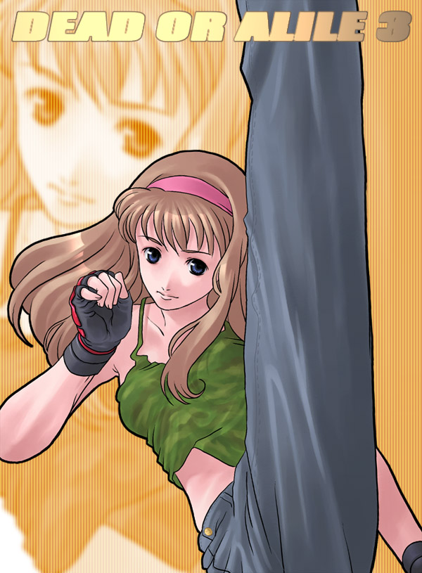 alternate_costume blue_eyes breasts brown_hair camouflage camouflage_tank_top casual copyright_name dead_or_alive fingerless_gloves g-room_honten gloves hairband heel_drop high_kick hitomi_(doa) kicking long_hair medium_breasts solo tank_top typo zoom_layer