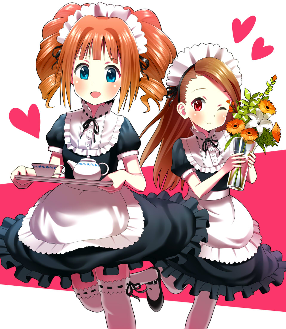 bad_id bad_pixiv_id blue_eyes blush brown_hair cup flower forehead heart idolmaster idolmaster_(classic) long_hair maid maid_headdress mary_janes minase_iori multiple_girls one_eye_closed open_mouth orange_hair puffy_sleeves red_eyes shoes short_hair short_sleeves smile sonsoso takatsuki_yayoi teacup teapot thighhighs tray twintails