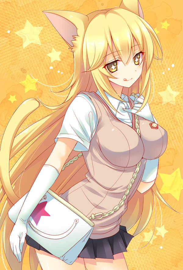 1girl :q animal_ears bag between_breasts blonde_hair breasts cat_ears cat_tail chain cowboy_shot elbow_gloves gloves handbag impossible_clothes large_breasts leaning_forward long_hair mitsu_king pleated_skirt school_uniform shokuhou_misaki short_sleeves skirt solo standing star strap_cleavage sweater_vest symbol-shaped_pupils tail to_aru_kagaku_no_railgun to_aru_majutsu_no_index tongue tongue_out very_long_hair white_gloves yellow yellow_background yellow_eyes