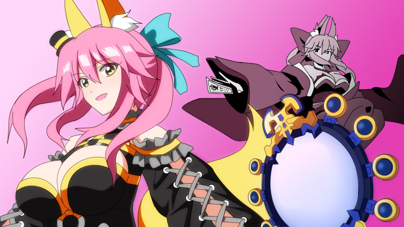 animal_ears bad_id bad_pixiv_id breasts cleavage dual_persona fate/extra fate/extra_ccc fate_(series) fox_ears fox_tail japanese_clothes large_breasts magi_the_labyrinth_of_magic mirror multiple_girls ofuda parody pink_hair projected_inset style_parody suiten_nikkou_amaterasu_yanoshisu_ishi tail tamamo_(fate)_(all) tamamo_no_mae_(fate) twintails yakitori_(oni) yellow_eyes