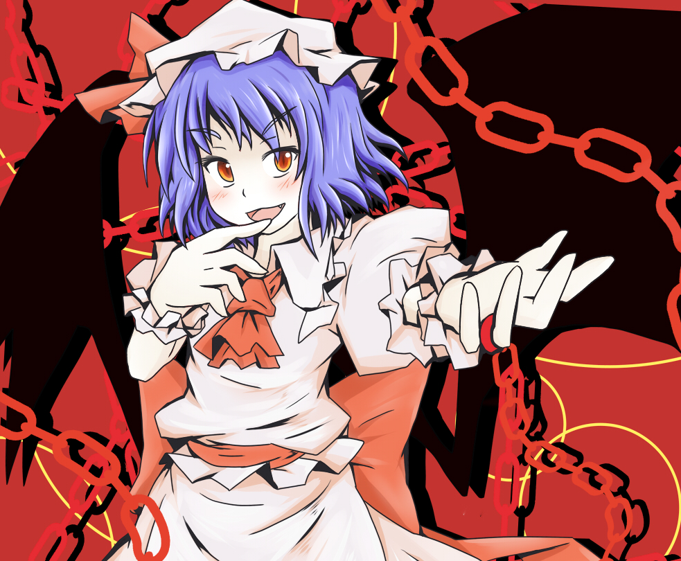 bat_wings blue_hair bow chain fang hat kuroneko_(kuroi-neko) open_mouth red_eyes remilia_scarlet ribbon short_hair smile solo touhou wings