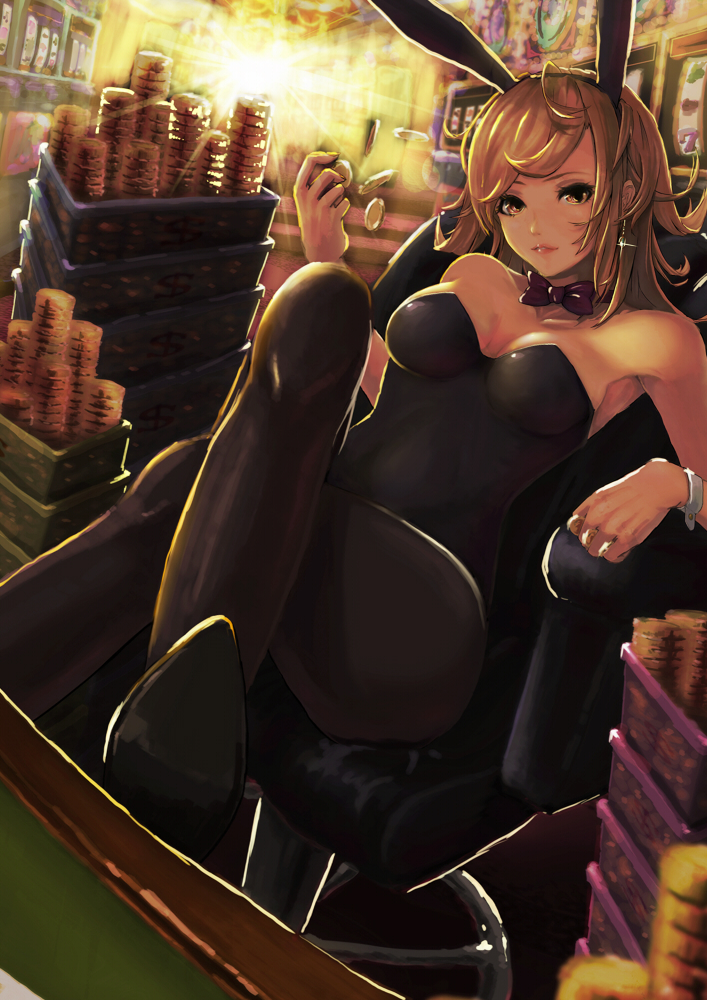 animal_ears bad_id bad_pixiv_id bare_shoulders black_legwear blonde_hair bow bowtie breasts bunny_ears bunny_girl bunnysuit casino casino_card_table cleavage coin crossed_legs detached_collar earrings jewelry light_smile lips long_hair looking_at_viewer medium_breasts motida original pantyhose sitting slot_machine solo wrist_cuffs yellow_eyes