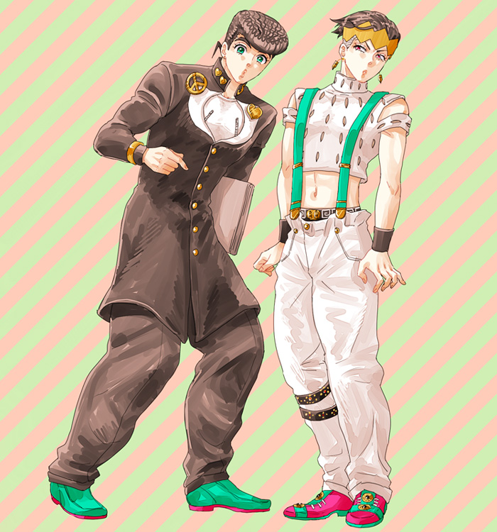 black_hair earrings green_eyes headband higashikata_jousuke jewelry jojo_no_kimyou_na_bouken k_(kktkk) kishibe_rohan midriff multiple_boys orange_eyes pompadour school_uniform suspenders