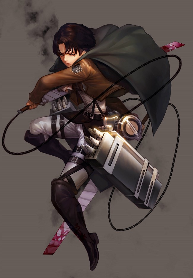 belt black_hair emblem gd_choco jacket levi_(shingeki_no_kyojin) male_focus paradis_military_uniform shingeki_no_kyojin solo survey_corps_(emblem) sword three-dimensional_maneuver_gear weapon