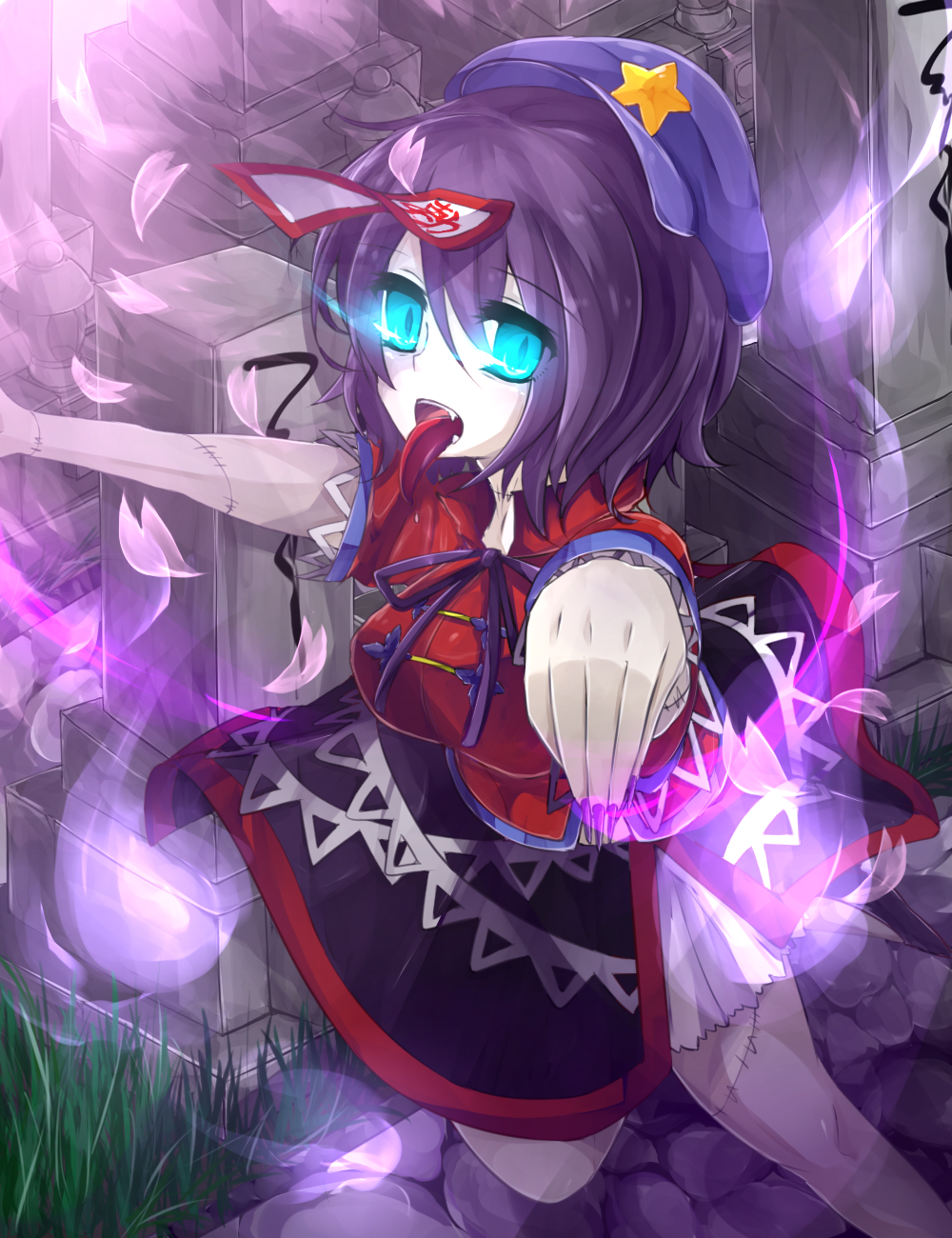 :p bad_id bad_pixiv_id blue_eyes blue_hair fang fingernails ghost glowing glowing_eyes graveyard hat highres hitodama jiangshi kaenuco long_fingernails miyako_yoshika ofuda open_mouth outstretched_arms petals scar short_hair skirt solo star stitches tombstone tongue tongue_out touhou zombie_pose