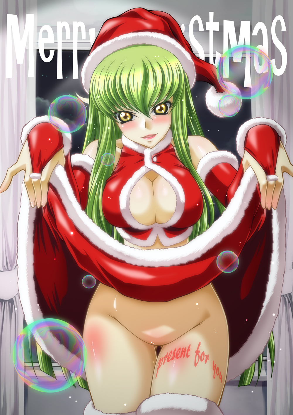 1girl bare_shoulders blush breasts bridal_gauntlets bubble c.c. cleavage code_geass dress dress_lift elbow_gloves gloves green_hair hat highres kaname-aomame_(5677755) kaname_aomame looking_at_viewer merry_christmas no_panties santa_costume santa_hat solo thigh_gap yellow_eyes