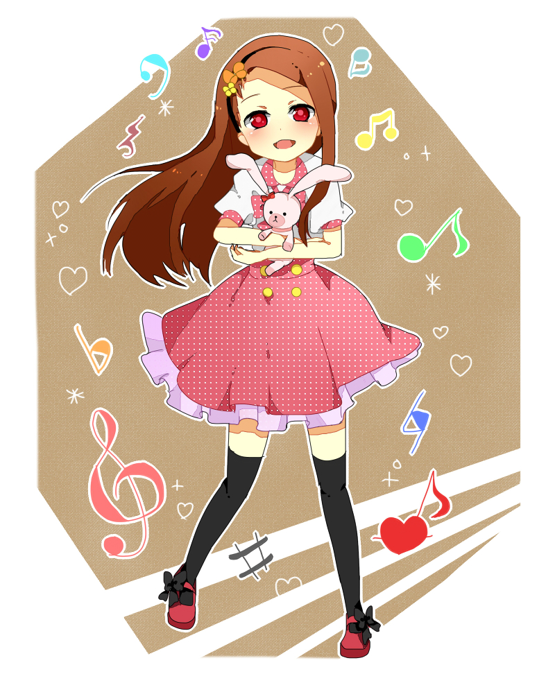 :d brown_eyes brown_hair bunny buttons dress flower frills hair_ornament heart idolmaster idolmaster_(classic) idolmaster_2 long_hair mary_janes minase_iori musical_note open_mouth red_eyes shoes smile stuffed_animal stuffed_bunny stuffed_toy thighhighs