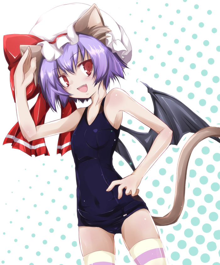 alternate_costume animal_ears bare_shoulders bat_wings black_school_swimsuit cat_ears cat_tail hand_on_hip hat kemonomimi_mode lavender_hair one-piece_swimsuit open_mouth panties red_eyes remilia_scarlet school_swimsuit short_hair skindentation smile solo striped swimsuit tail thighhighs touhou underwear waving wings yumesato_makura